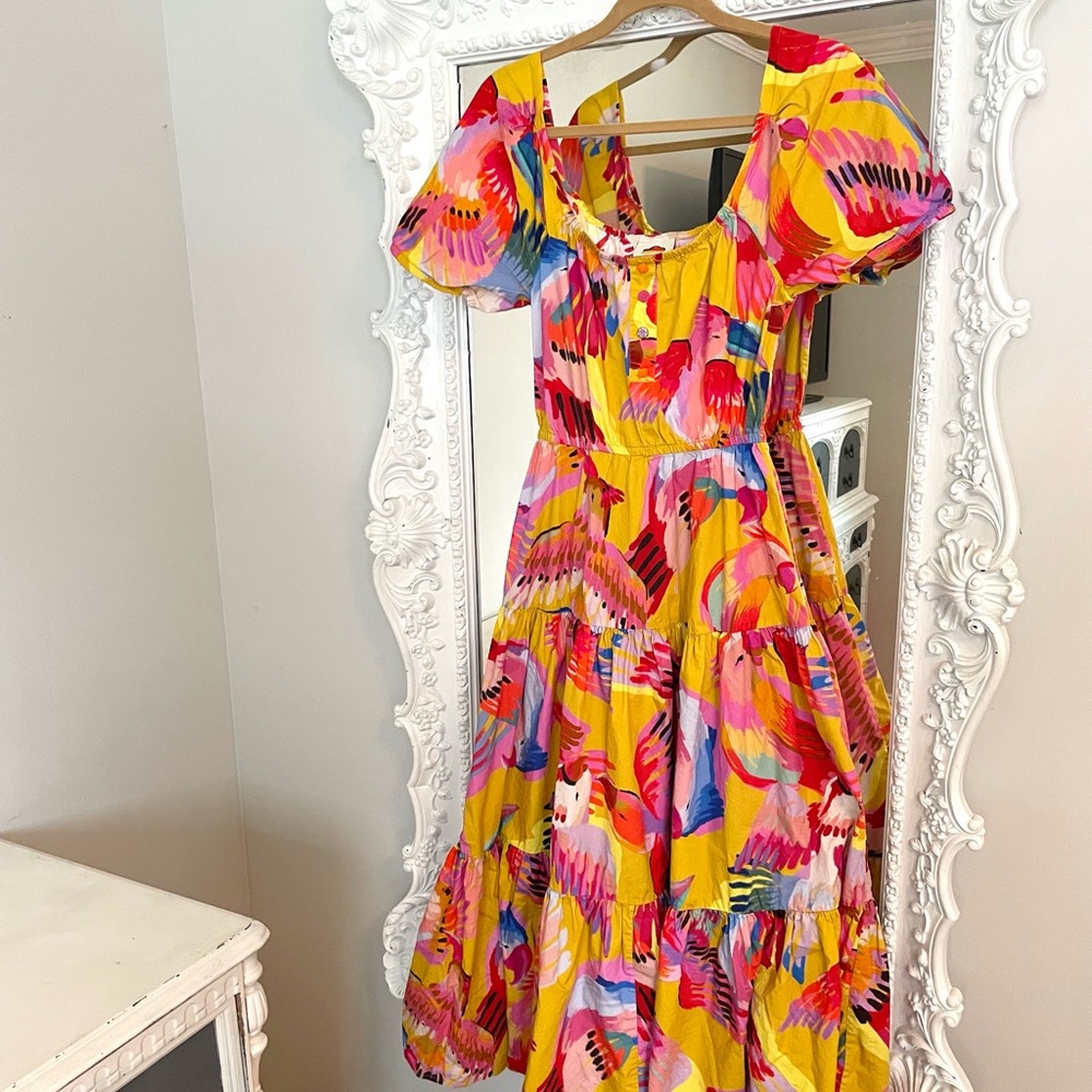 FARM RIO Neon Macaws Midi Puff Sleeve Dress